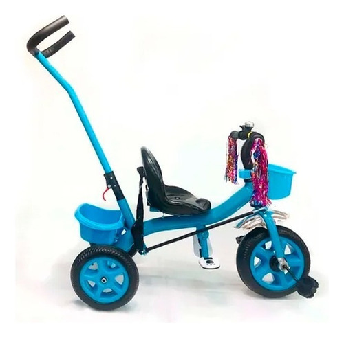 Triciclo Infantil Reforzado Manija Direccional Dos Canastos Color Celeste