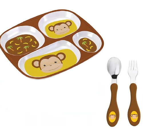 Prato Com 4 Divisórias + Talheres Bichinho Kit Infantil Bebe Cor Colorido Meus Melhores Amigos Personagem Macaco