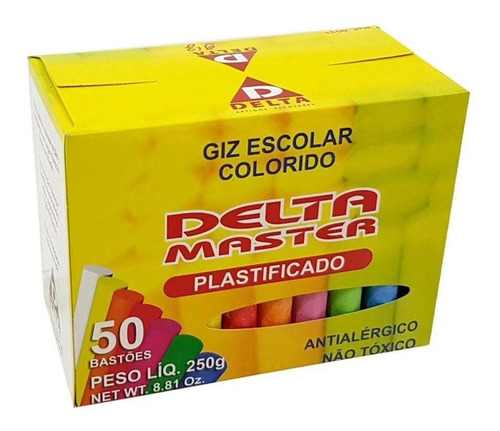 Giz Escolar Cilíndrico Plastificado Colorido 50 Unidades 