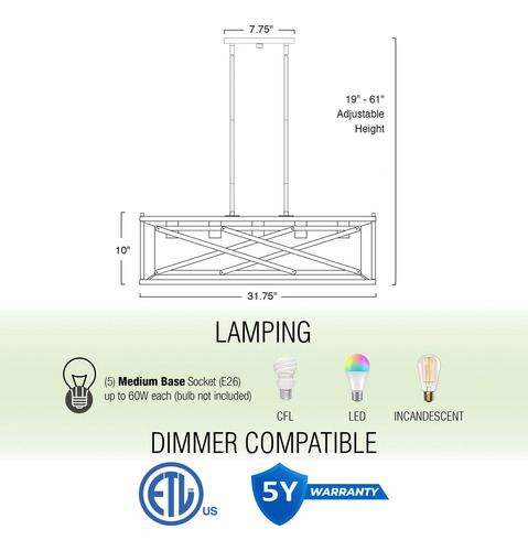 Kira Home Lexington Lámpara Rectangular De 32 Pulgadas Para