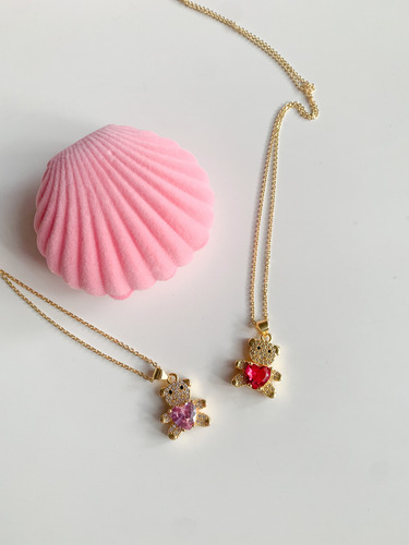 Collar Dije Osito Baño Oro 18k + Caja Regalo Pana Caracola Rosa