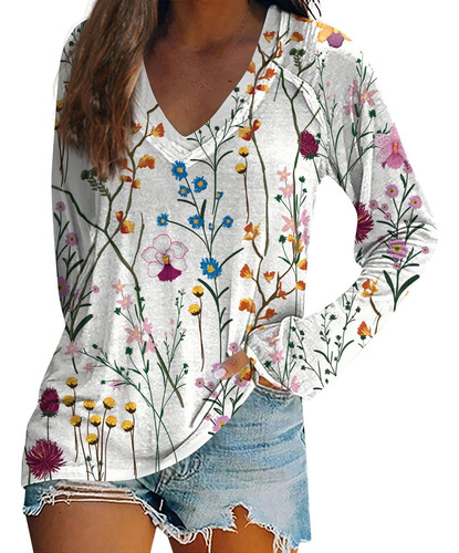 Camisa Para Mujer Blusa Estampada Manga Larga Cuello V Talla