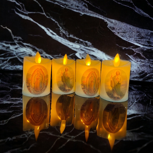 4 Veladoras Led Efecto Flama Virgen Guadalupe San Judas 7cm