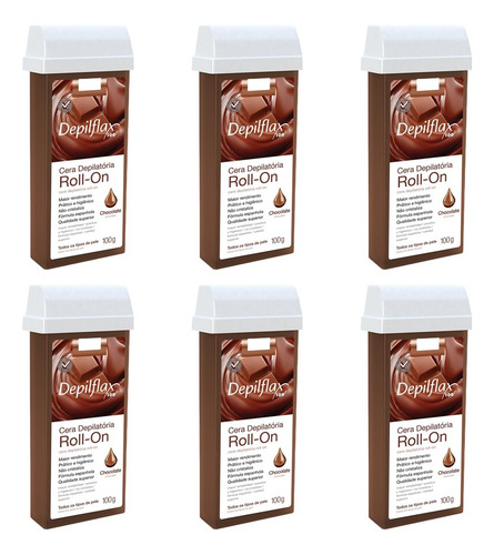 Kit 6 Refil Ceras Roll On Depilação Depilflax Chocolate 100g