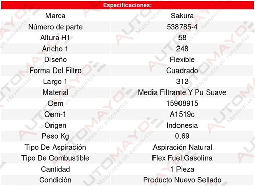 Filtro Aire Chevrolet Avalanche V8 5.3l 07 Al 13 8640720