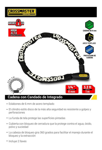 Imagen 2 de 3 de Cadena Con Candado Integrado 6mm X 1.0mt Crossmaster 9933420