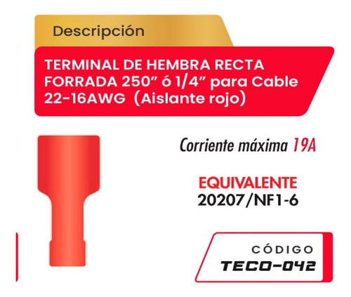 Terminal Hembra Recta Forrada 250  P/cable 22-16awg Teco-042