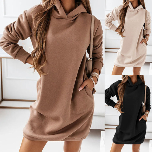 Vestido De Mujer De Color Liso De Manga Larga Con Capucha De