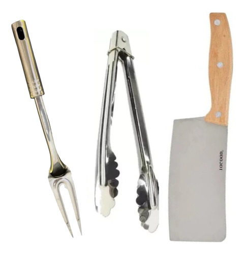 Set Asado Parrilla Cuchillo Pinza 3 Piezas Parrillero Acero