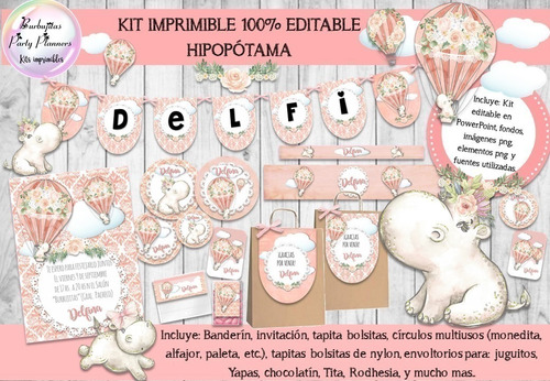 Kit Imprimible Hipopótama Shabby Chic Mod. 1 - 100% Editable