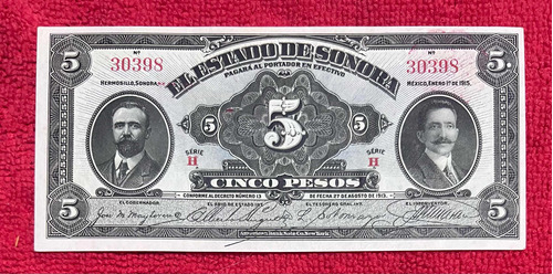Billete Revolucionario 5 Pesos Sonora 1913