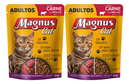 Kit 2un Sachê Magnus Cat Para Gatos Adultos Carne 85g