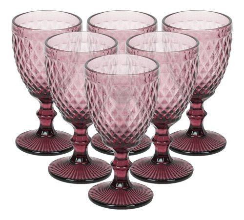 Set 6 Copas De Vidrio 300ml Cóctel Vino Vintage Cristal Color Estilo Diamente—Rosado