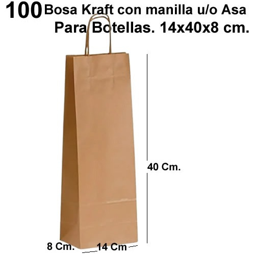 100 Bolsas Papel Kraft Botella Vino O Licor. 14 X 40 X 8 Cm