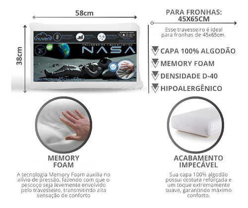 Kit 3 Travesseiro Nasa Viscoelástico Confortável Macio 10cm