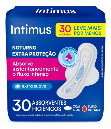 Absorventes Intimus Noturno 30 Unid Com Abas Algodão