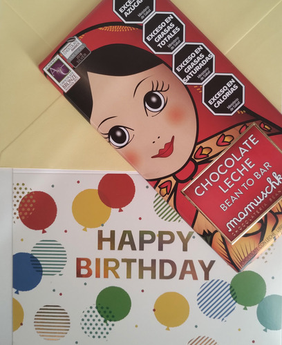 Tarjetas Feliz Cumple + Chocolate Mamuska + Sobre/ Sticker Amrillo
