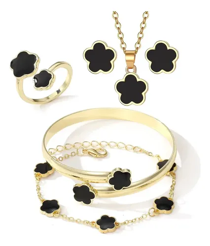 Kit Joias Femininas 5 Peças Trevo Black Premium Ouro Gold Preto 45 Cm