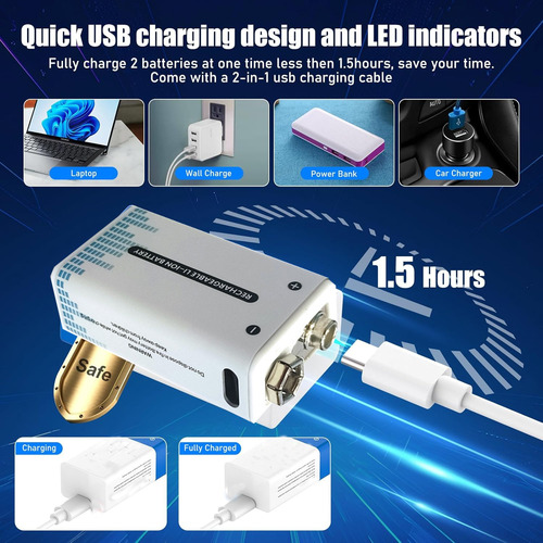 2 Pilas Recargable 9v De Ppp3 Baterias Rectangular Carga Usb