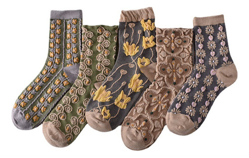5 Pares De Calcetines Con Textura Floral En 3d, Estilo Retro