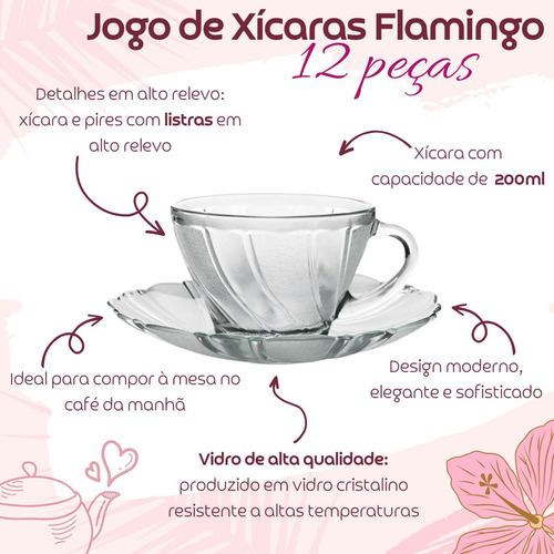 Jogo De Xícaras E Pires Em Vidro 12peças Para Chá Café 200ml