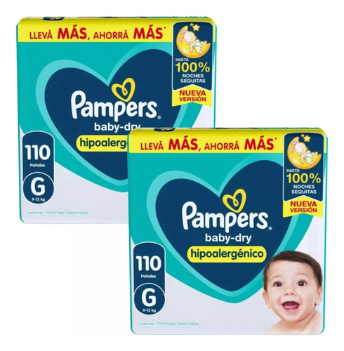 2 Pampers Baby-dry Hipoalergenico Grande X110 Pack Mensual