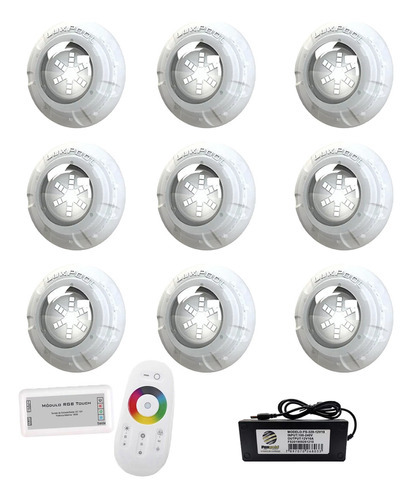 Kit Led Piscina 144m² - 9 Leds 9w, 1 Módulo Rgb + Fonte