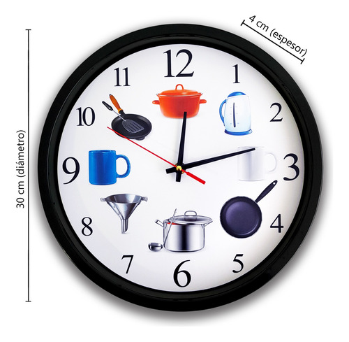 Reloj De Pared, Analógico 30 Cm, Diámetro, Cocina - 13360 Negro