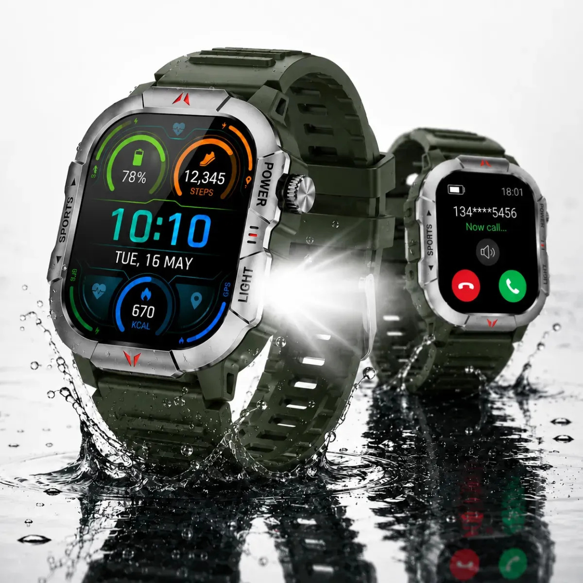 Relogio Smartwatch Tático Inteligente Ultra Militar Ip68 A Prova D'água Verde Bluetooth Lanterna Notificações Chamadas Masculino Tela 2.1" Mzcell