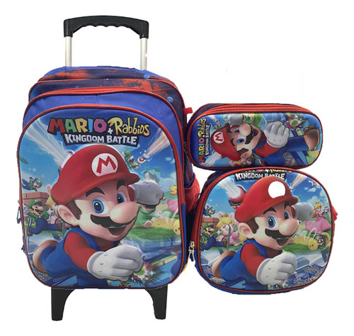 Kit de mochila con ruedas 3D de Mario Bros, lonchera y funda azul
