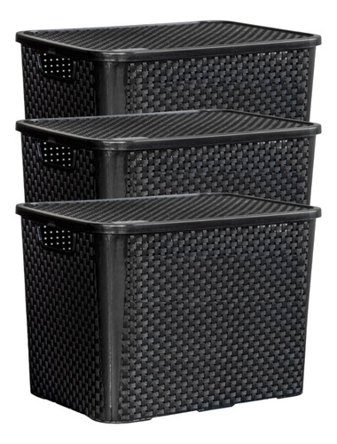 Kit 3 Caixas/cesto Organizador Rattan Preto - 25l - Promoção