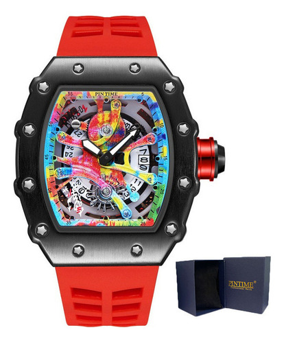 Reloj de pulsera Pintime 8133R de cuerpo color negro, analógico, para hombre, con correa de silicona color rojo y hebilla de gancho