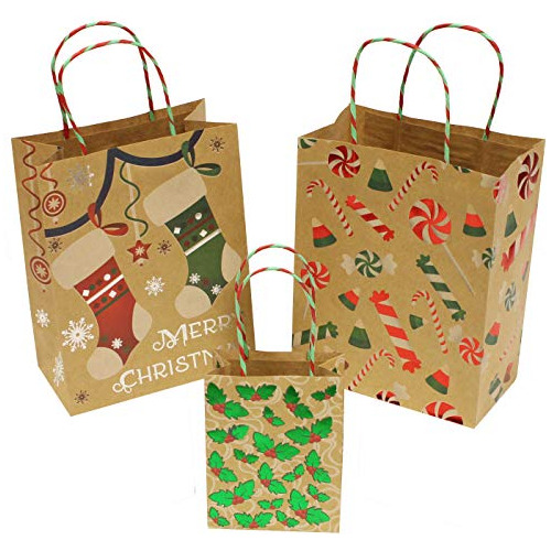 24 Bolsa Papel Estraza Navidad Vario Tamaño Asa Cordel