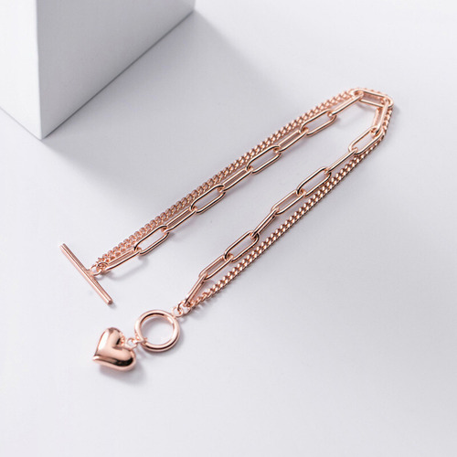 Brazalete Eslabones Y Charm De Corazón + Kit De Accesorios Color Rose 925 Diámetro 5.5 Cm Largo 17 Cm