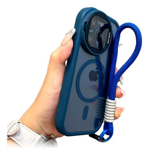 Funda Con Soporte Y Pulsera Para Iphone 16 Pro Cubre Cámara Azul Oscuro