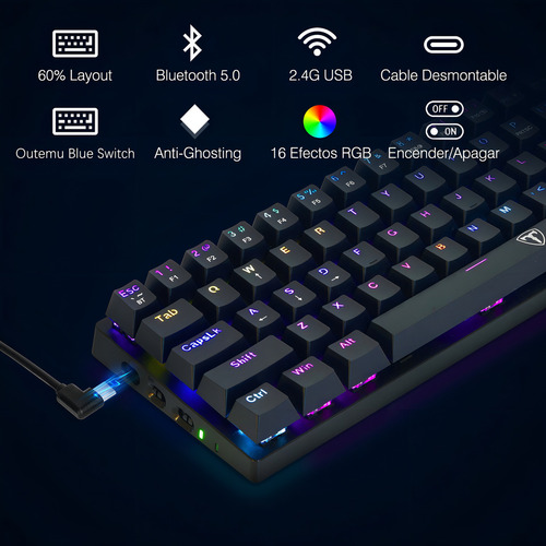 TERPORT 60% Teclado Gamer Inalambrico I-61 Rgb, Bluetooth+2.4g+cableado, Outemu Blue Switch, 61 Teclas Anti-ghosting, Luces Full-Rgb, Teclado Mecanico Bluetooth Para Win/Mac/IOS/Android - Color Negro