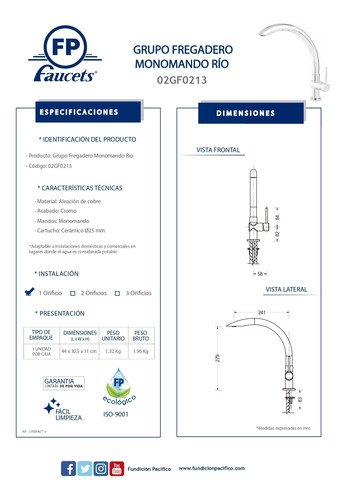 Griferia Grupo Fregadero Monomando Río Fundición Pacífico