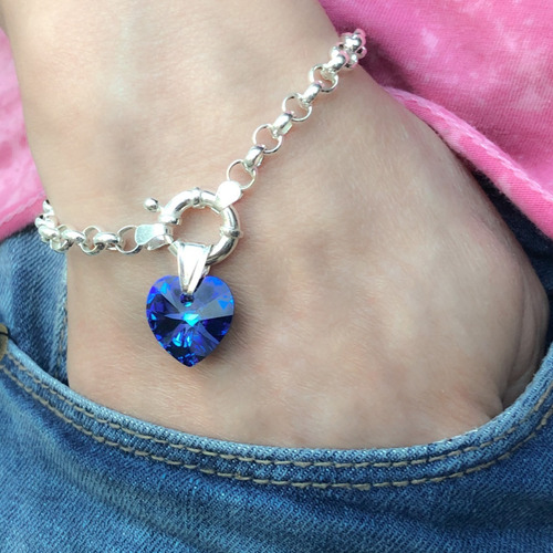 Pulsera Rolo Plata 925 Con Dije Cristal Corazón De 14 Mm