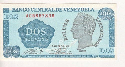 Imagen 1 de 2 de Billete Venezuela 2 Bolívares Octubre 5 1989 Ac7 Unc