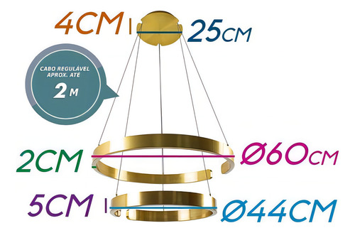 Pendente Lustre 2 Anéis Ring Arco Dourado Led 80w St2123 127/220V