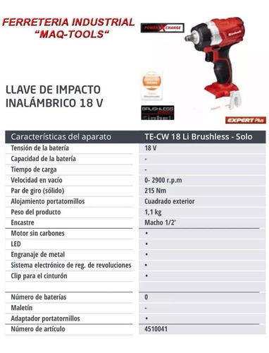 Imagen 2 de 9 de Llave Impacto A Bateria Einhell Te-cw 18 + Starter Kit 4.0ah