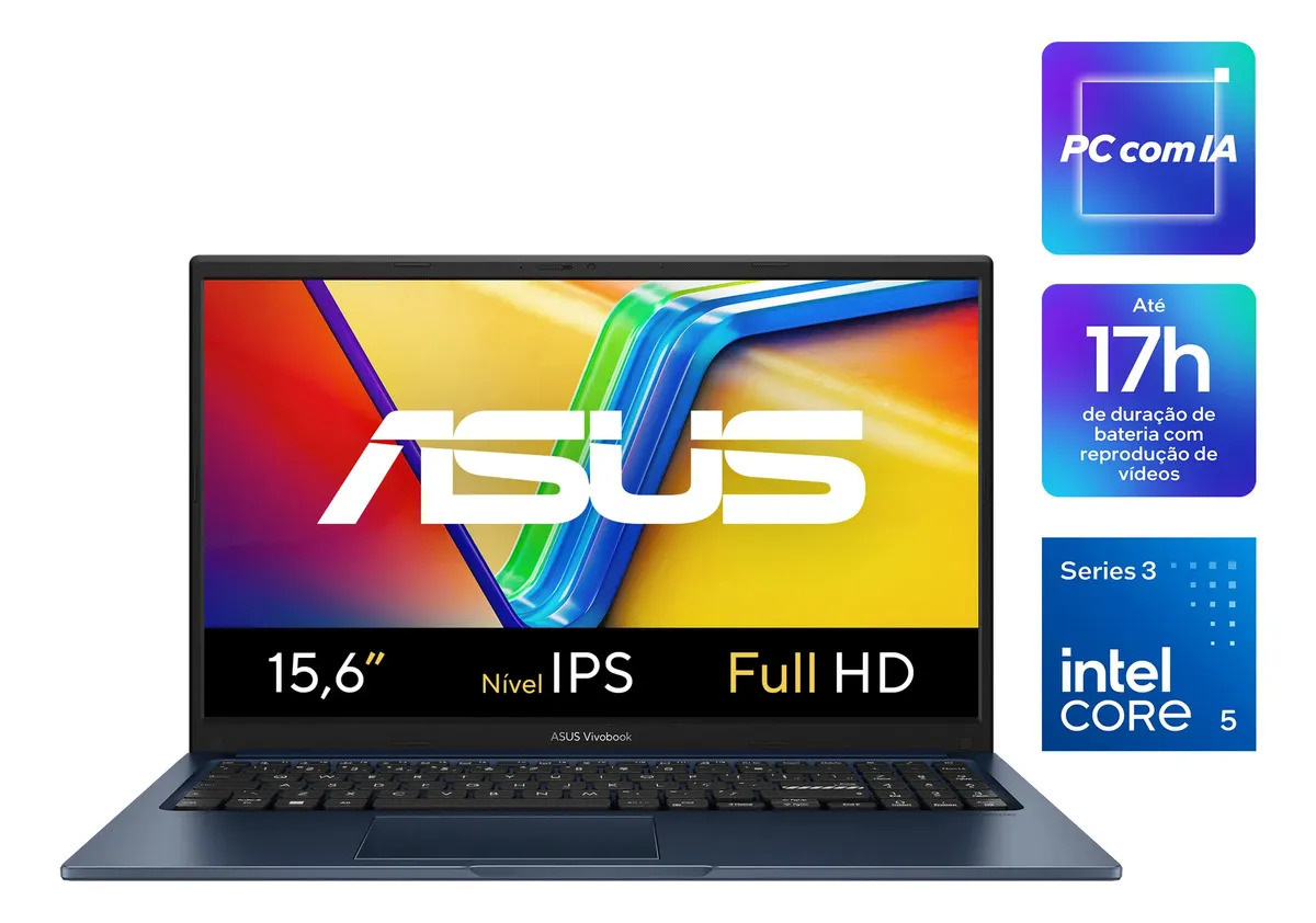 Notebook ASUS Vivobook 15, AI PC, Intel Core 5, 8GB RAM, 256GB SSD, W11 Home, Tela 15.6'' IPS FHD, Quiet Blue - X1504MA-BQ299W