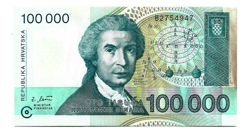 Billete Croacia 100,000 Dinara 1993