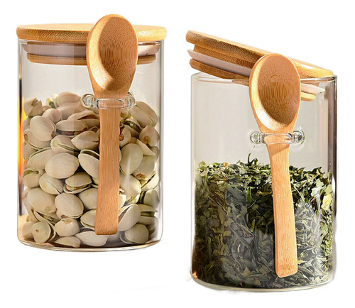 Conjunto 2 Potes De Vidro 550ml Com Tampa De Bambu E Colher