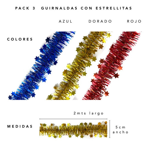 Imagen 2 de 10 de Lameta Con Estrellas Pack X 3 - Boa Guirnalda Deco Navidad