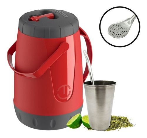 Kit Tereré 1 Garrafa Térmica 2,5l 1 Cuia Inox 200ml 1 Bomba Cor Vermelho