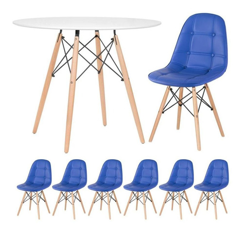 Kit Mesa Jantar Eames 90 Cm E 6 Cadeiras Estofada Botone Cor Mesa Branco Com Cadeiras Azul