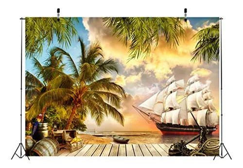 Fondo Pirata 9x6ft Para Fiesta Infantil - Playa Y Barco Pira