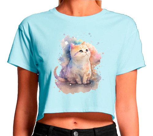 Playera Crop Top Mujer Ombliguera Sport Gatito Acuarela