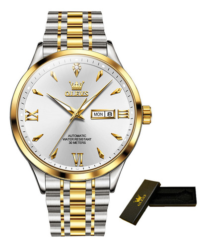 Reloj De Calendario Mecánico Automático Olevs 9956 Color Del Fondo Silver Golden White